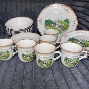 Vintage 1986 Newcor Japan Stoneware Country Village Dining Set (6) cottage core